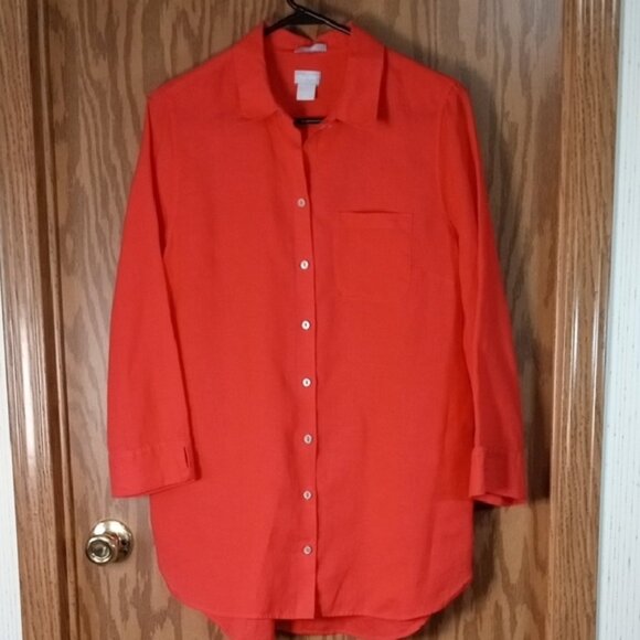 Chico's Vibrant Orange Blouse, Linen, Casual, Comfort, 3/4 Sleeves - Picture 1 of 9